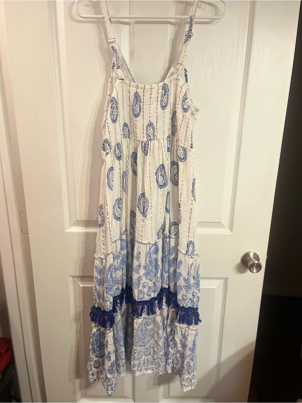 Anthropologie Me 2 Magic Blue Paisley Gold Lurex Fringe Maxi Dress XL